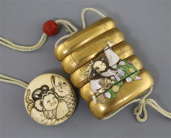 A good Japanese Shibayama inro with ivory manju netsuke and ojime, Meiji period, inro 8.1cm x 6.7cm